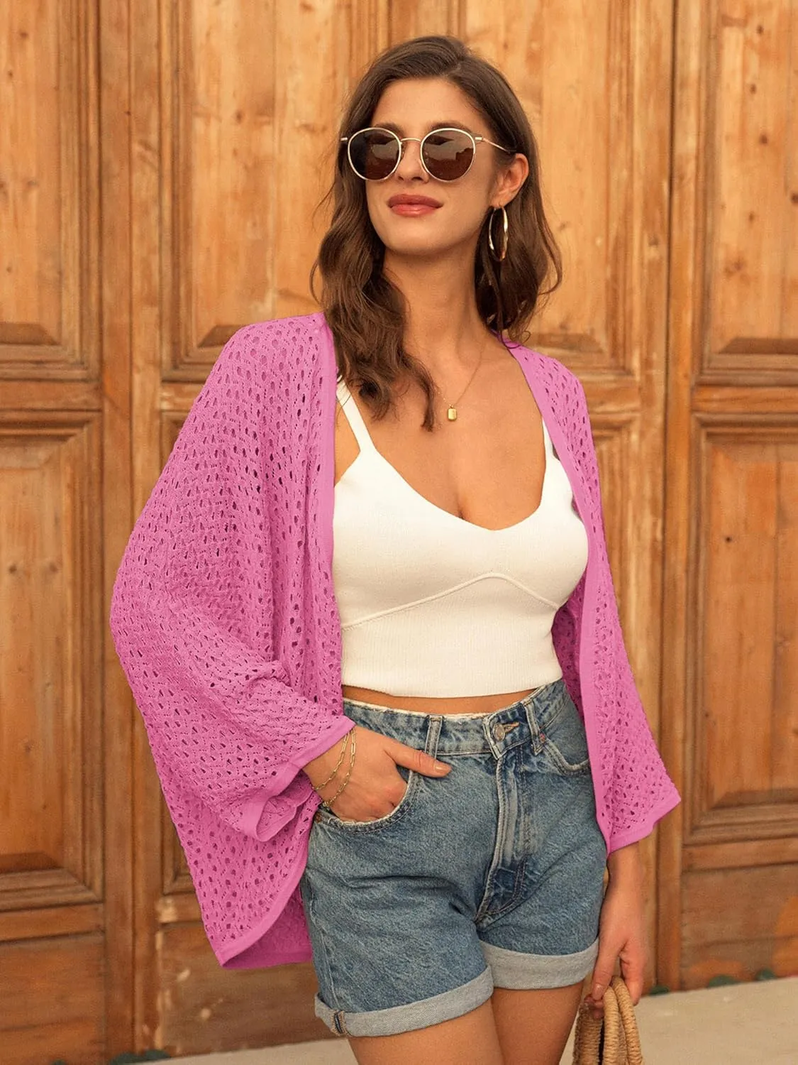 GRACE KARIN Open Front 3/4 Sleeve Batwing Cardigan for Women Lightweight Crochet Summer Cardigan Hollow-Out Cover Ups