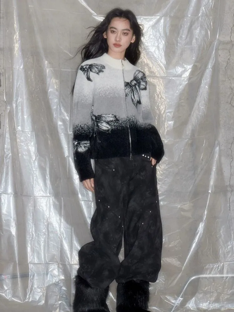 Gradient Gray Bow Print Knit Cardigan【s0000005630】