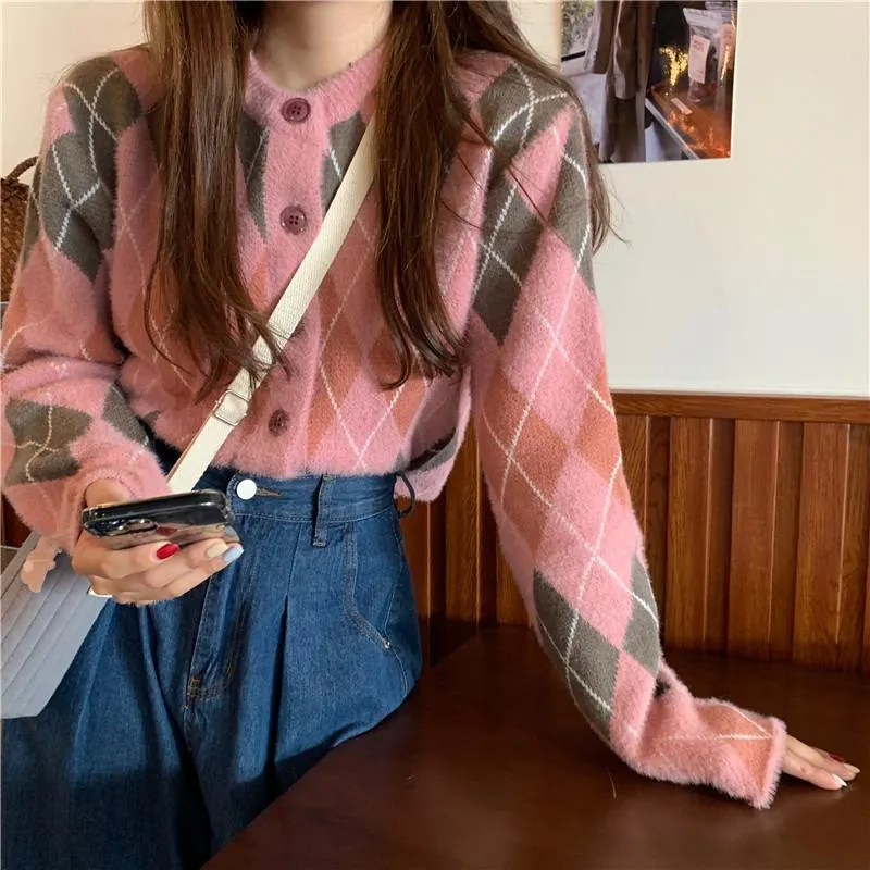 Gray Pink Retro Rhombus Pattern Knit Mohair Cardigan