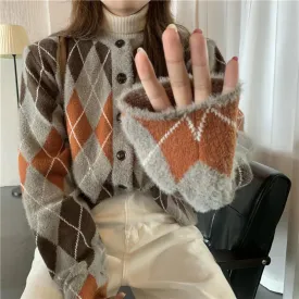 Gray Pink Retro Rhombus Pattern Knit Mohair Cardigan