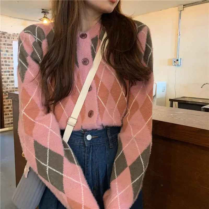 Gray Pink Retro Rhombus Pattern Knit Mohair Cardigan