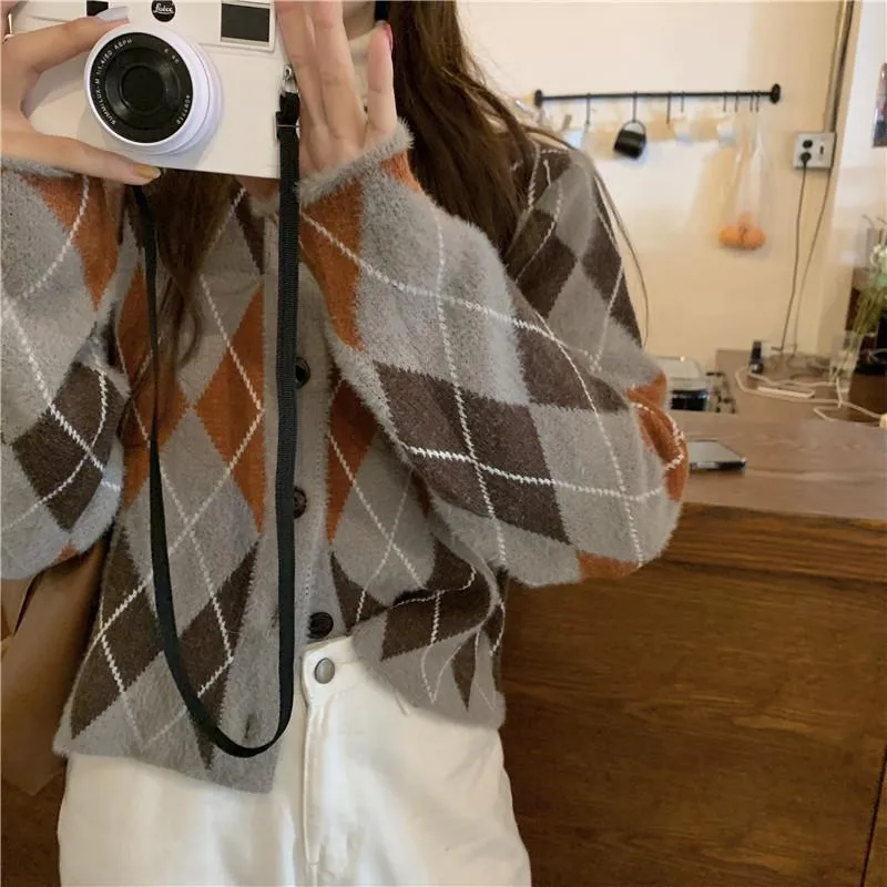 Gray Pink Retro Rhombus Pattern Knit Mohair Cardigan