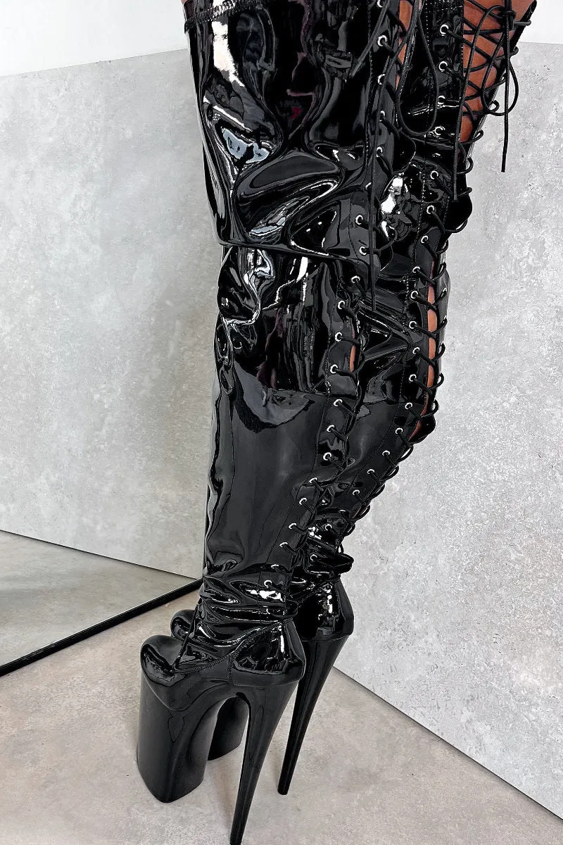 Hella Heels LipKit Thicc Thigh High Back Lace 8inch Boots - Black Beatle