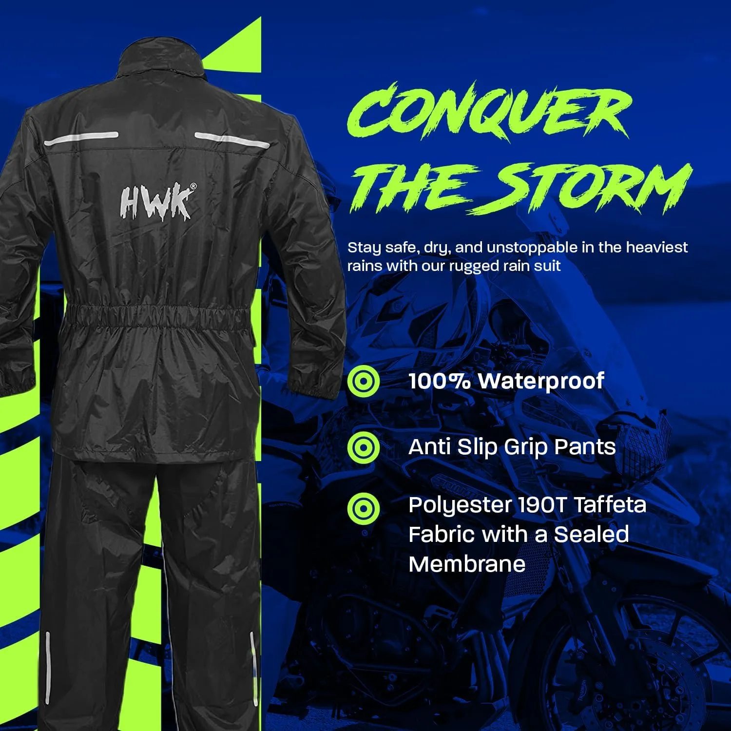 HWK Motorcycle Rain Suit for Men and Women, Two-Piece Waterproof Motorcycle Rain Gear with Reflective Jacket and Pants, All-Season Weatherproof Protection for Riding, Black, Large