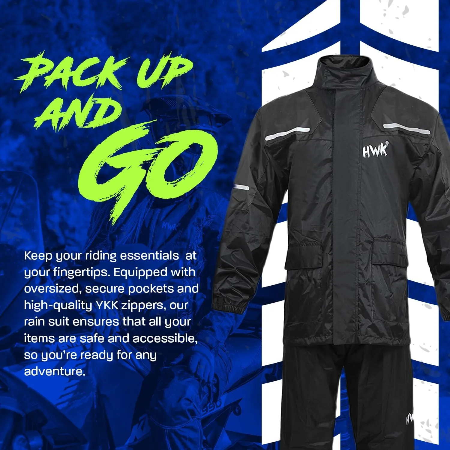 HWK Motorcycle Rain Suit for Men and Women, Two-Piece Waterproof Motorcycle Rain Gear with Reflective Jacket and Pants, All-Season Weatherproof Protection for Riding, Black, Large