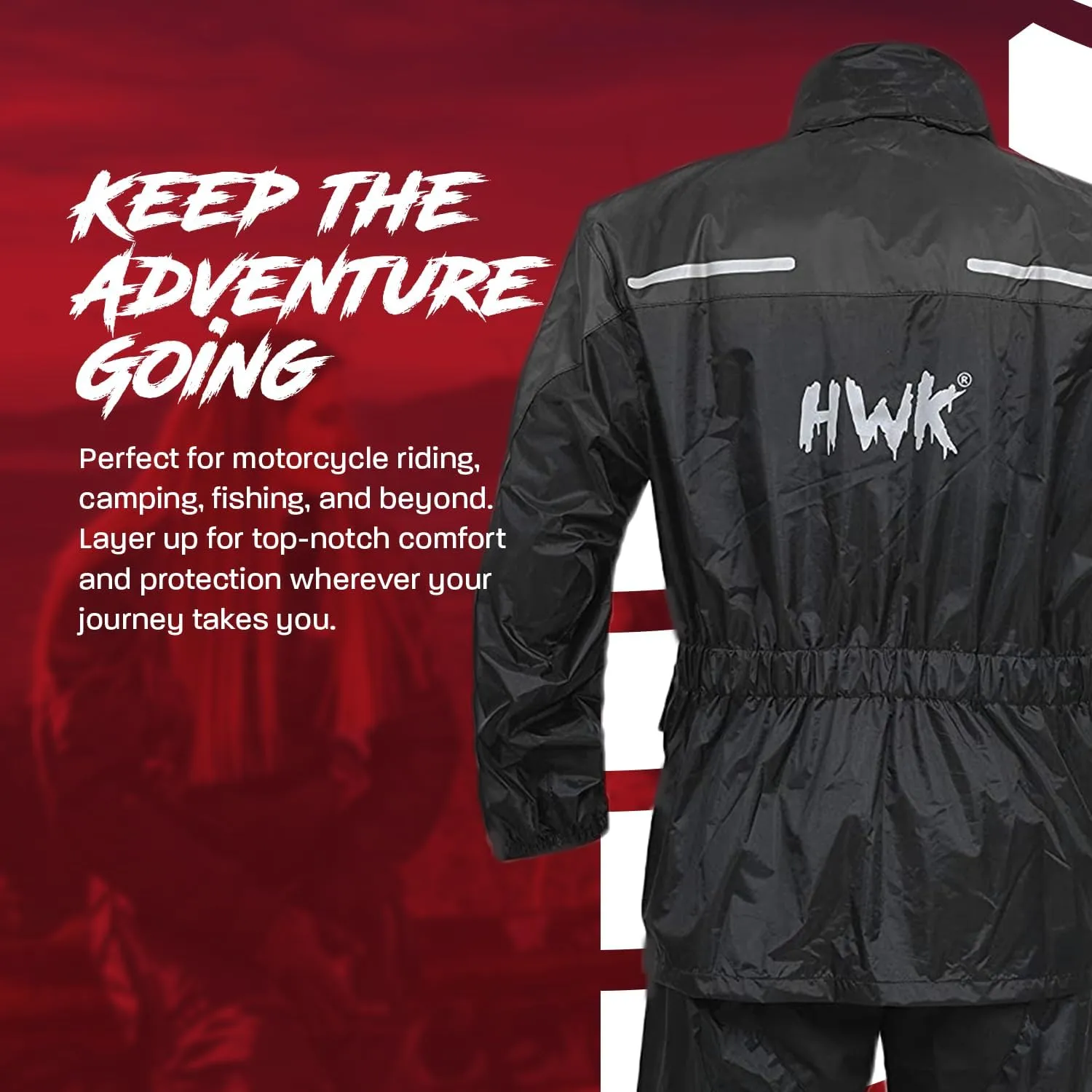 HWK Motorcycle Rain Suit for Men and Women, Two-Piece Waterproof Motorcycle Rain Gear with Reflective Jacket and Pants, All-Season Weatherproof Protection for Riding, Black, Large