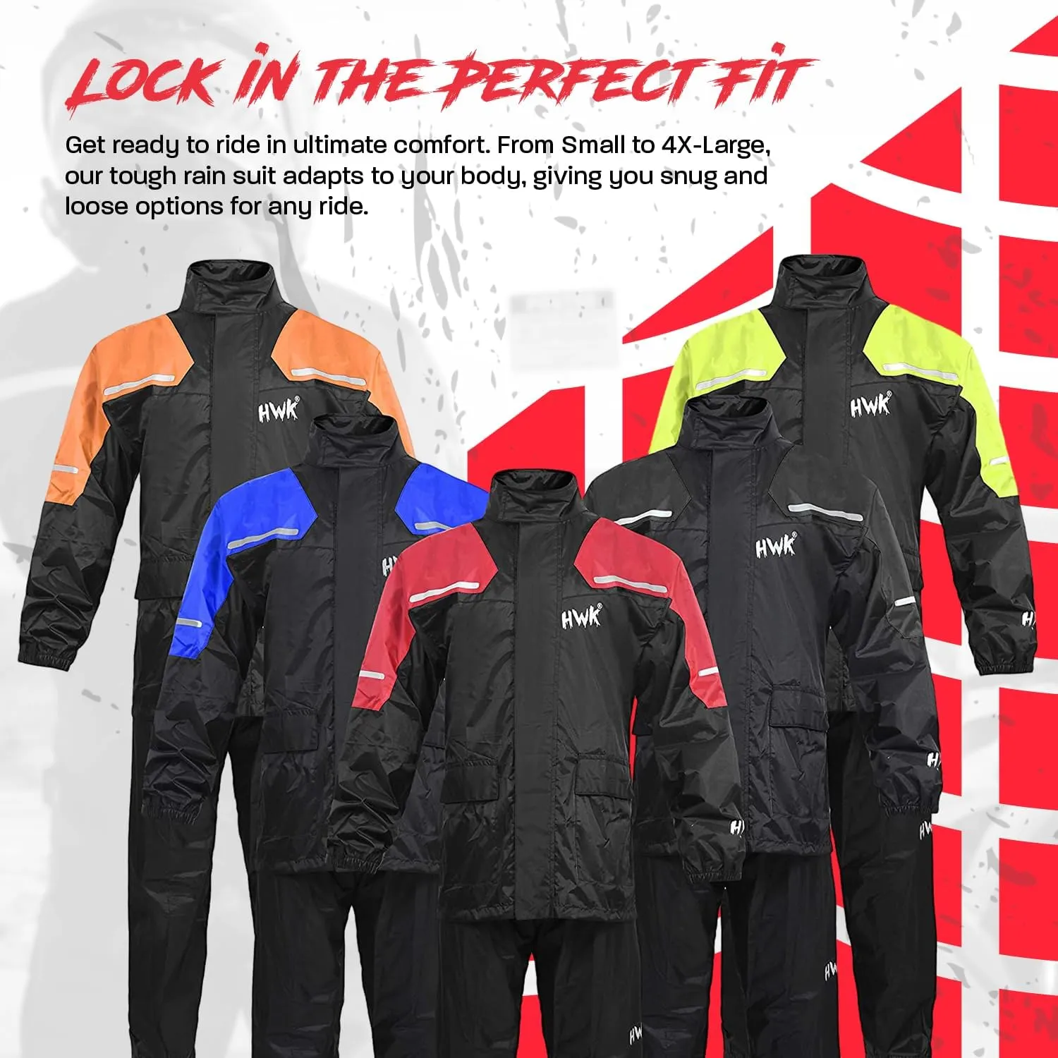 HWK Motorcycle Rain Suit for Men and Women, Two-Piece Waterproof Motorcycle Rain Gear with Reflective Jacket and Pants, All-Season Weatherproof Protection for Riding, Black, Large