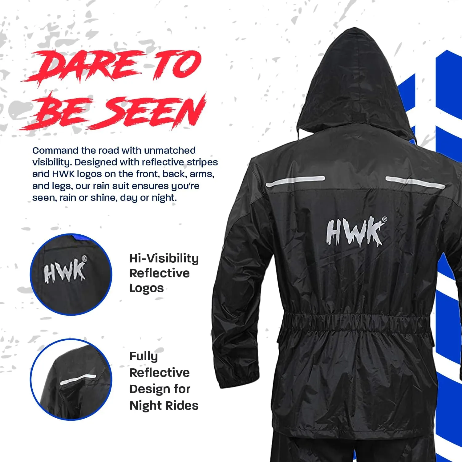HWK Motorcycle Rain Suit for Men and Women, Two-Piece Waterproof Motorcycle Rain Gear with Reflective Jacket and Pants, All-Season Weatherproof Protection for Riding, Black, Large