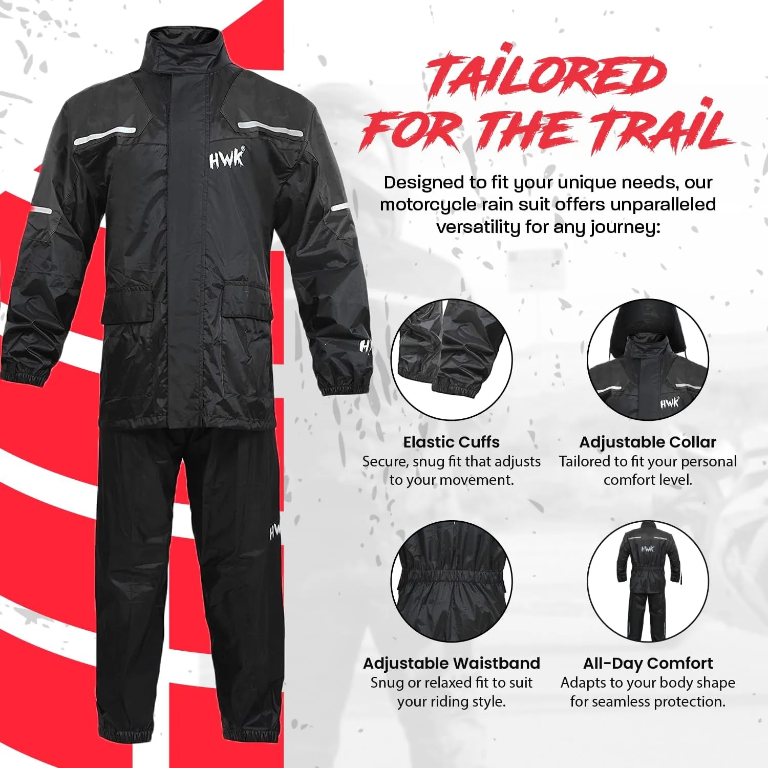 HWK Motorcycle Rain Suit for Men and Women, Two-Piece Waterproof Motorcycle Rain Gear with Reflective Jacket and Pants, All-Season Weatherproof Protection for Riding, Black, Large