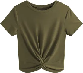 JINKESI Women's Summer Causal Short Sleeve Blouse Round Neck Crop Tops Twist Front Tee T-Shirt