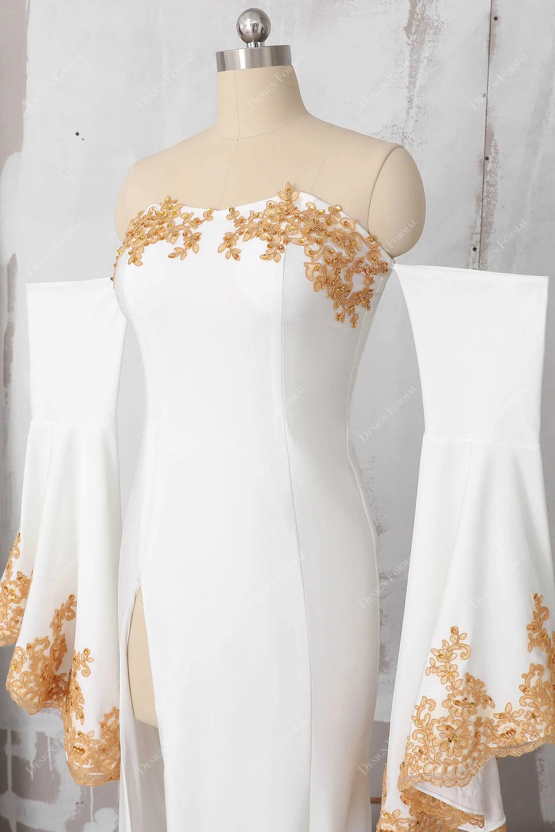 Lace White Jersey Off Shoulder Bell Sleeve Sexy Slit Mermaid Prom Gown