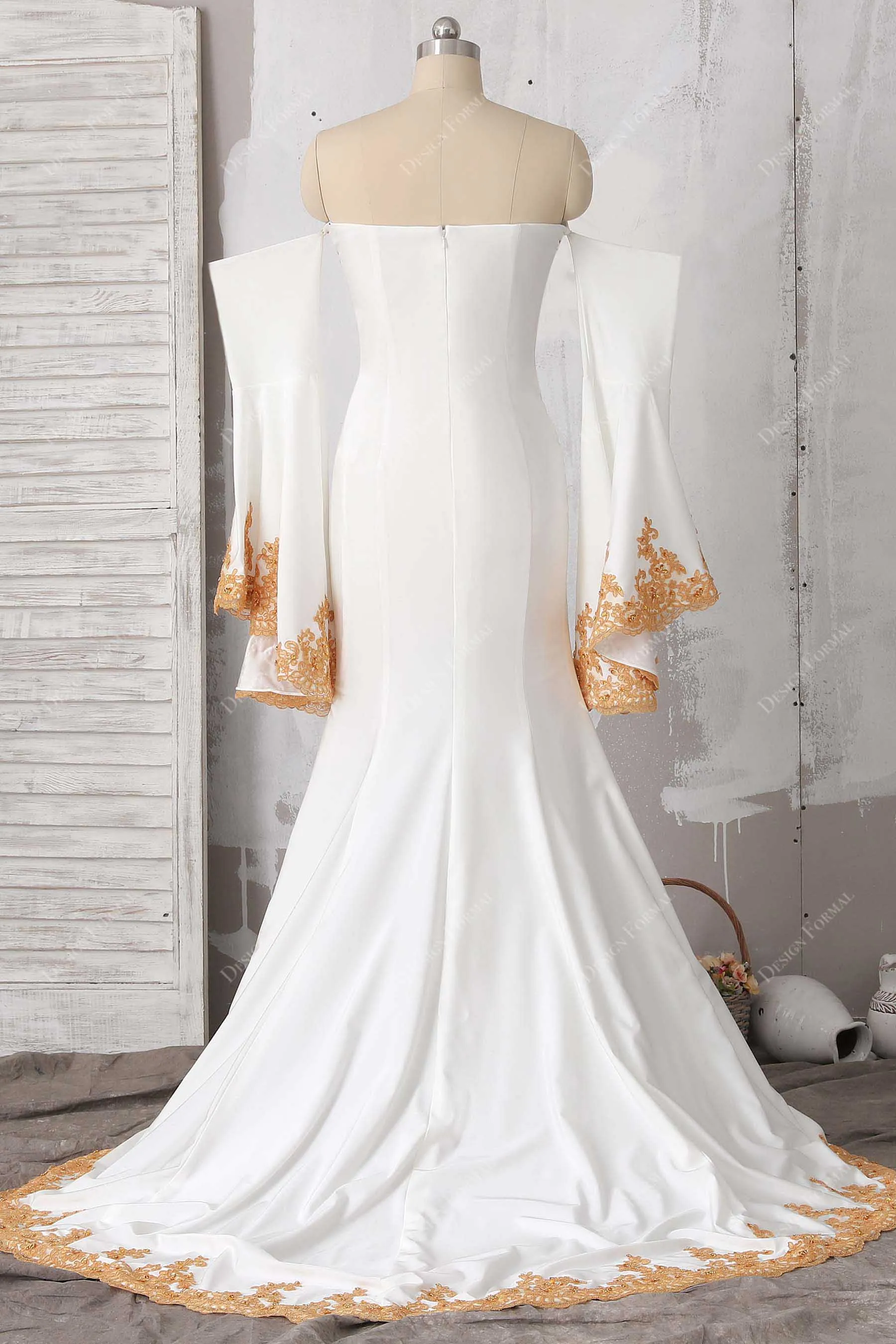 Lace White Jersey Off Shoulder Bell Sleeve Sexy Slit Mermaid Prom Gown
