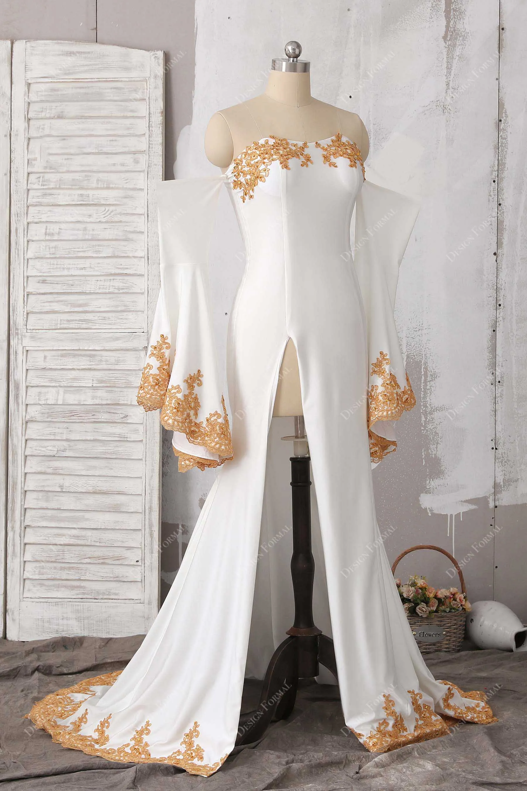 Lace White Jersey Off Shoulder Bell Sleeve Sexy Slit Mermaid Prom Gown