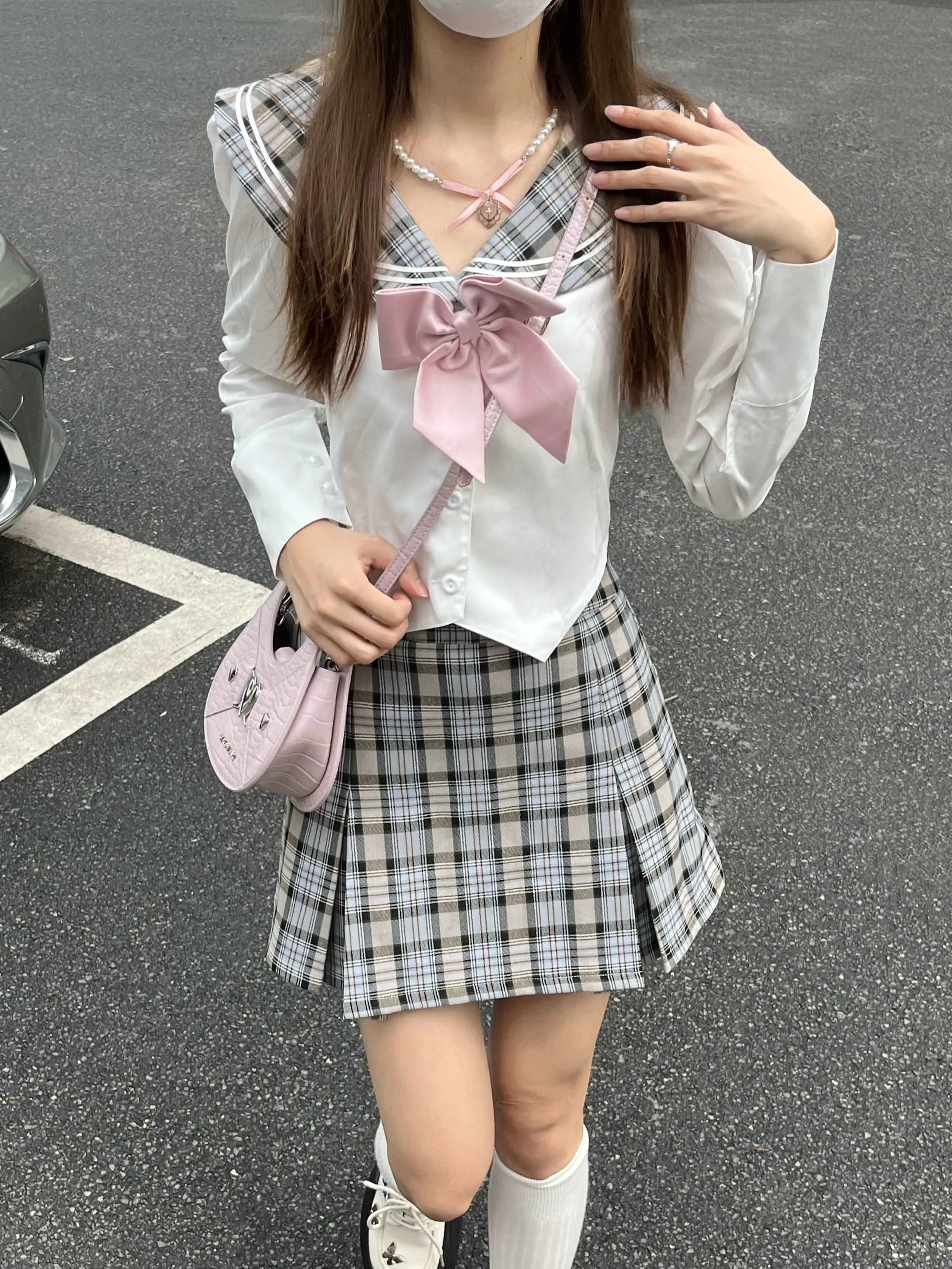 Lazy Girl Academia Sailor Collar Uniform Gray Plaid Shirt Knit Cardigan Mini Skirt Three Piece Set