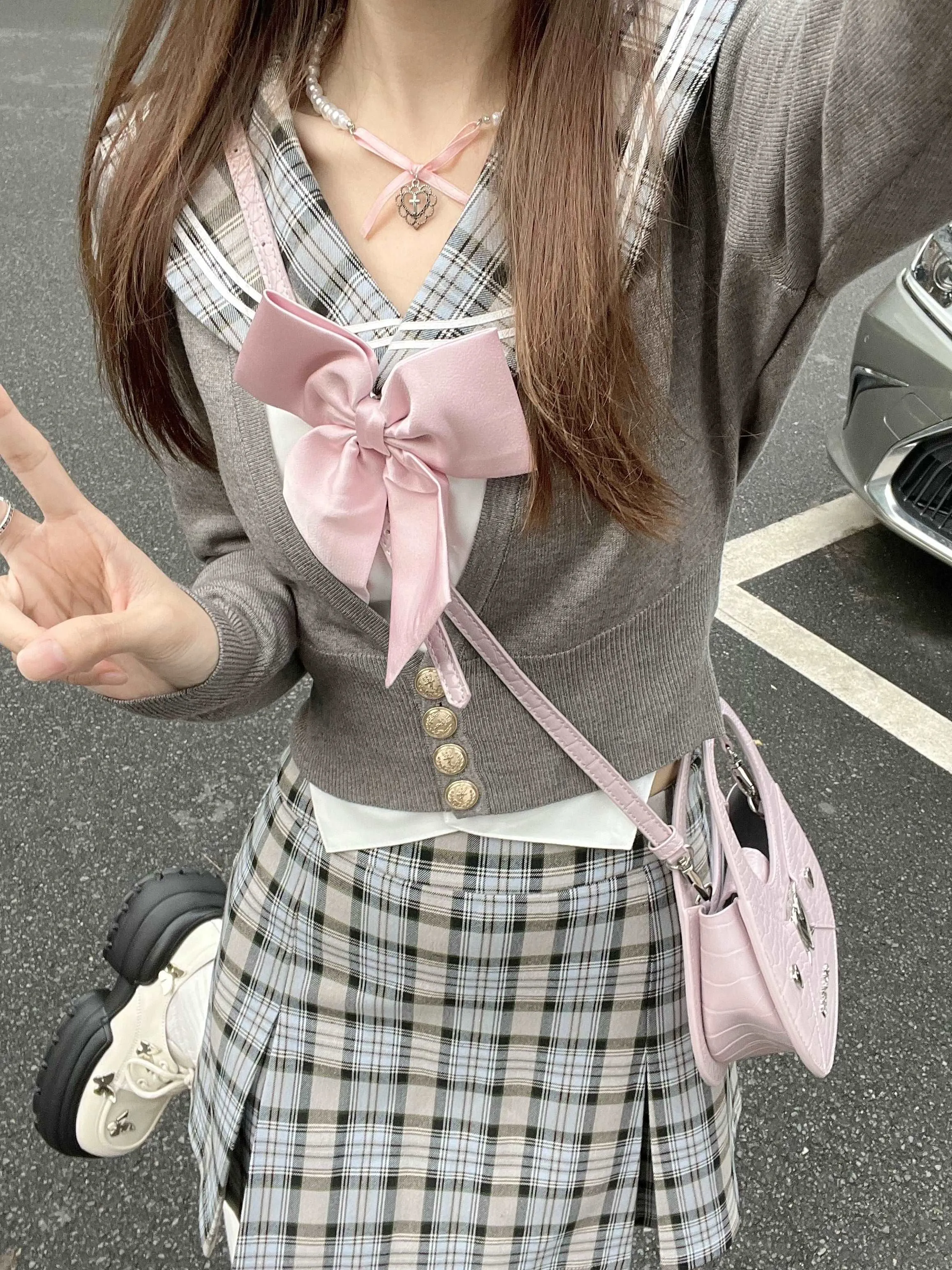 Lazy Girl Academia Sailor Collar Uniform Gray Plaid Shirt Knit Cardigan Mini Skirt Three Piece Set