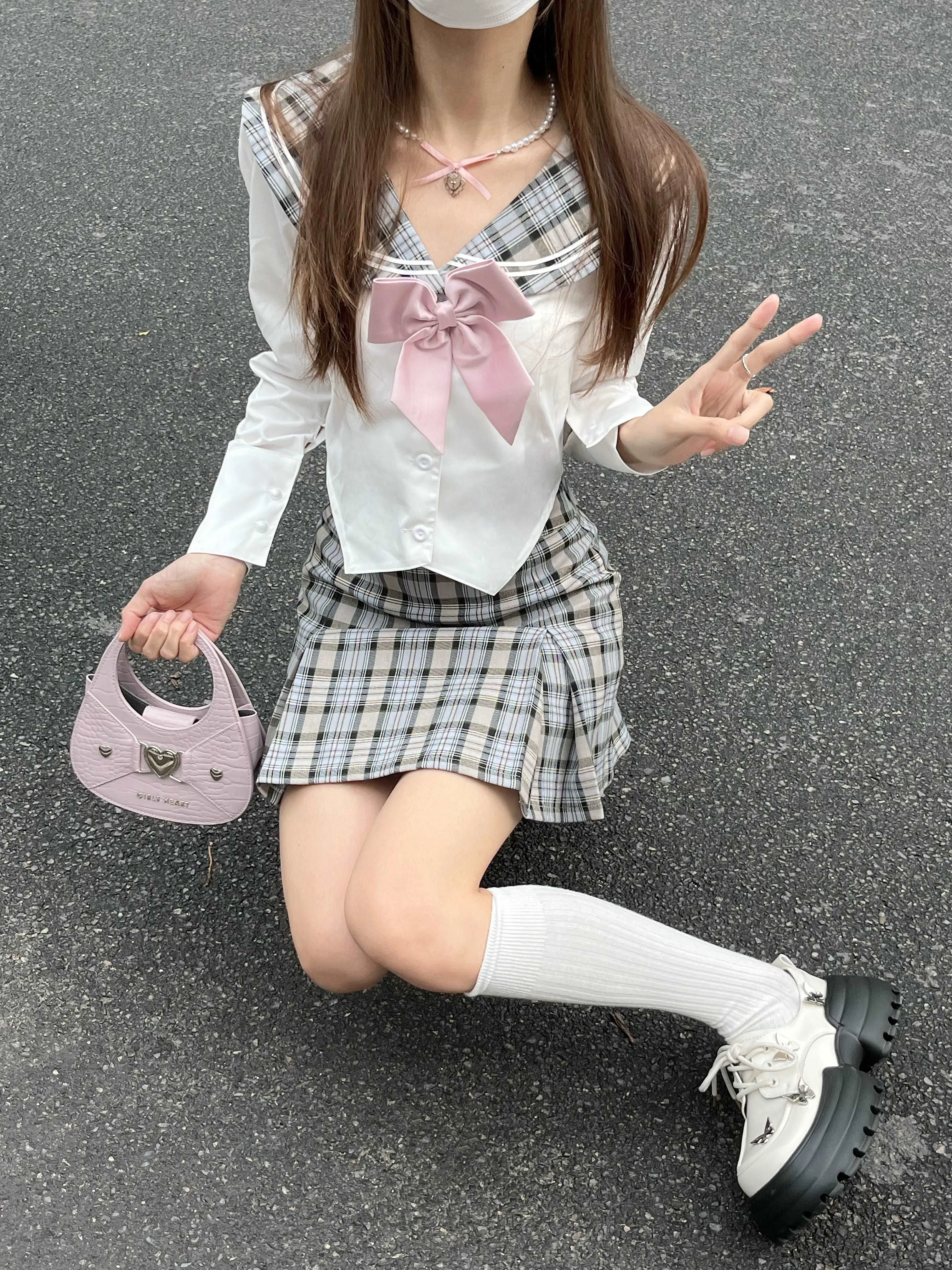 Lazy Girl Academia Sailor Collar Uniform Gray Plaid Shirt Knit Cardigan Mini Skirt Three Piece Set