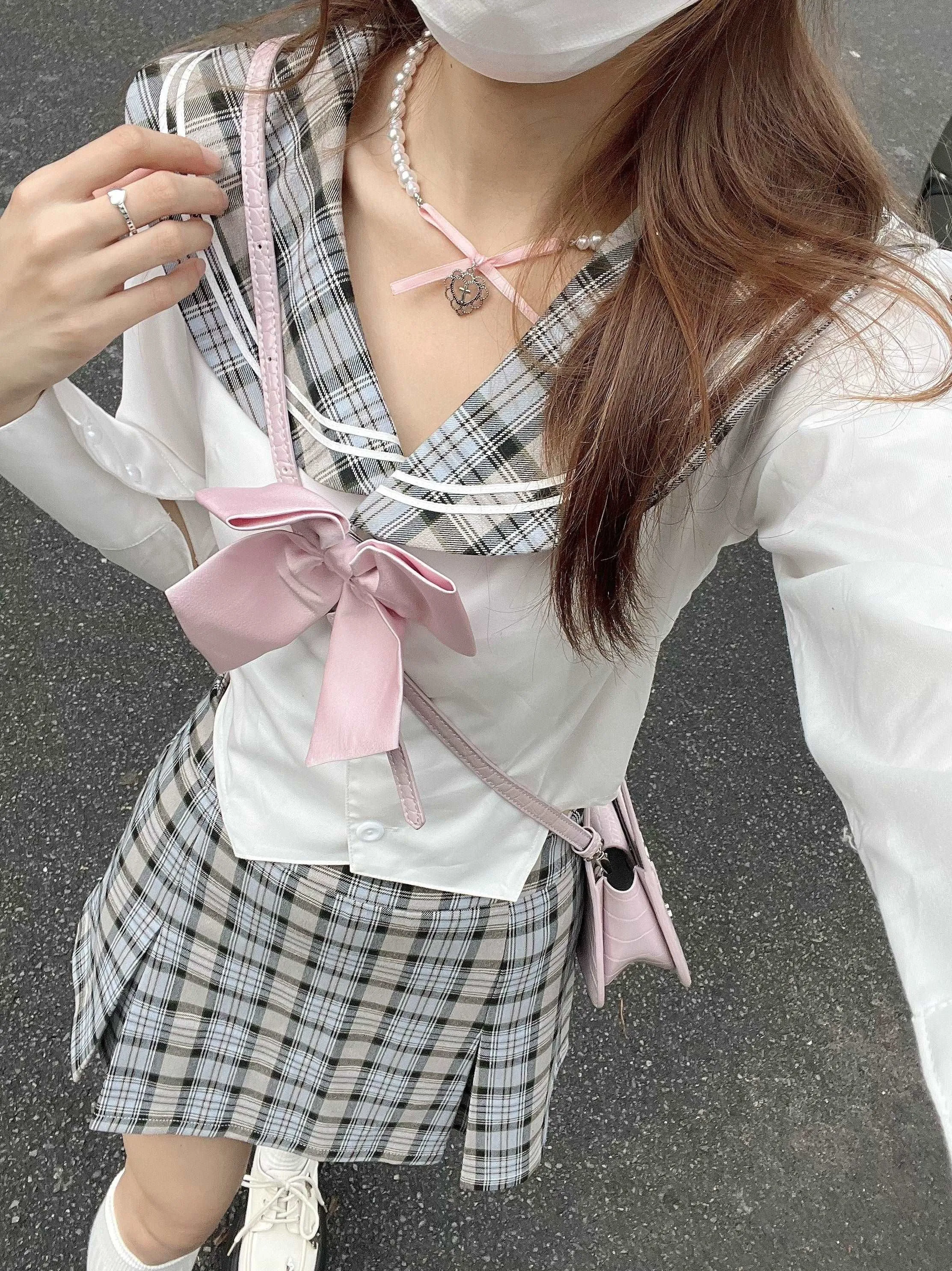 Lazy Girl Academia Sailor Collar Uniform Gray Plaid Shirt Knit Cardigan Mini Skirt Three Piece Set