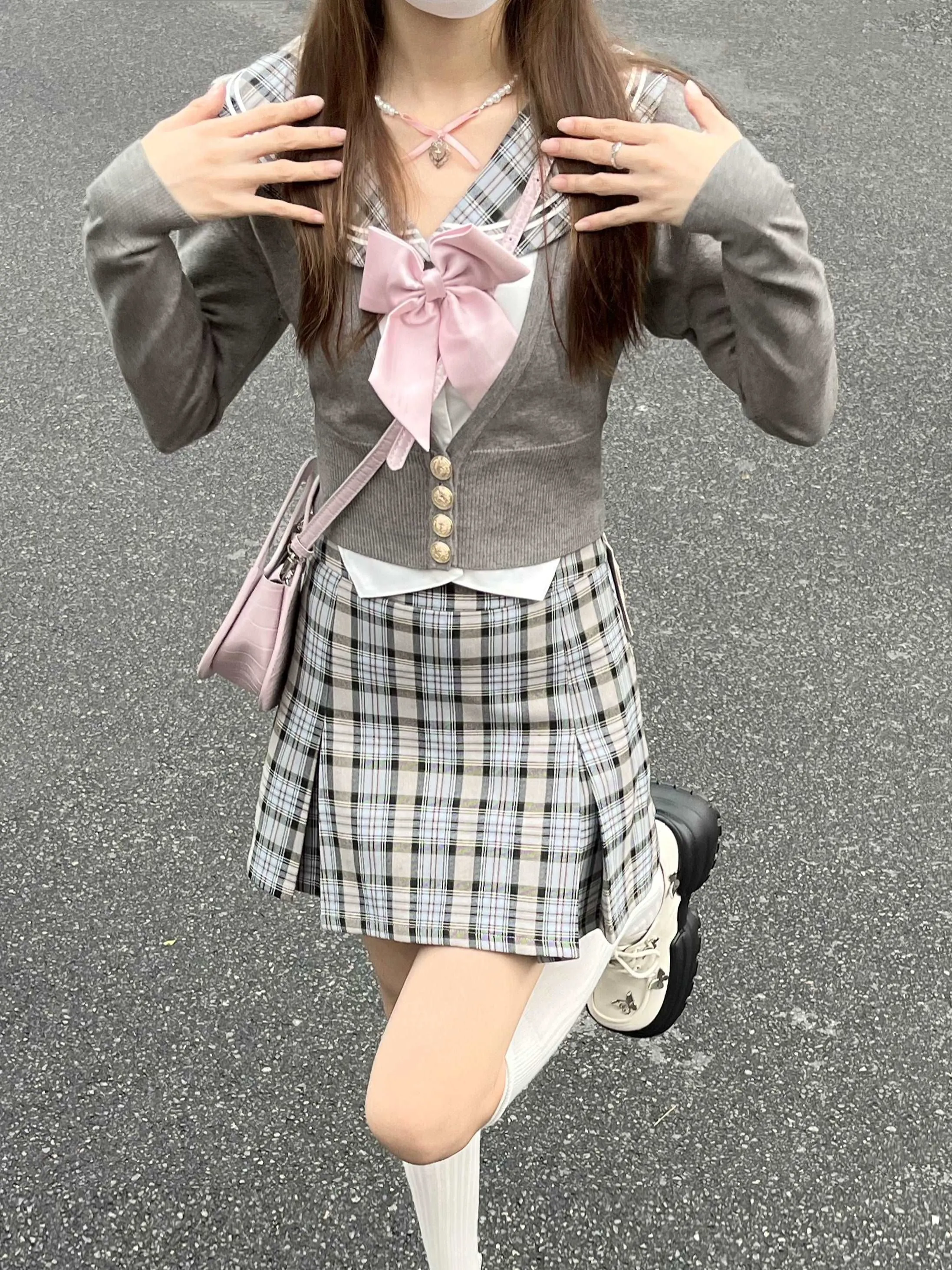 Lazy Girl Academia Sailor Collar Uniform Gray Plaid Shirt Knit Cardigan Mini Skirt Three Piece Set