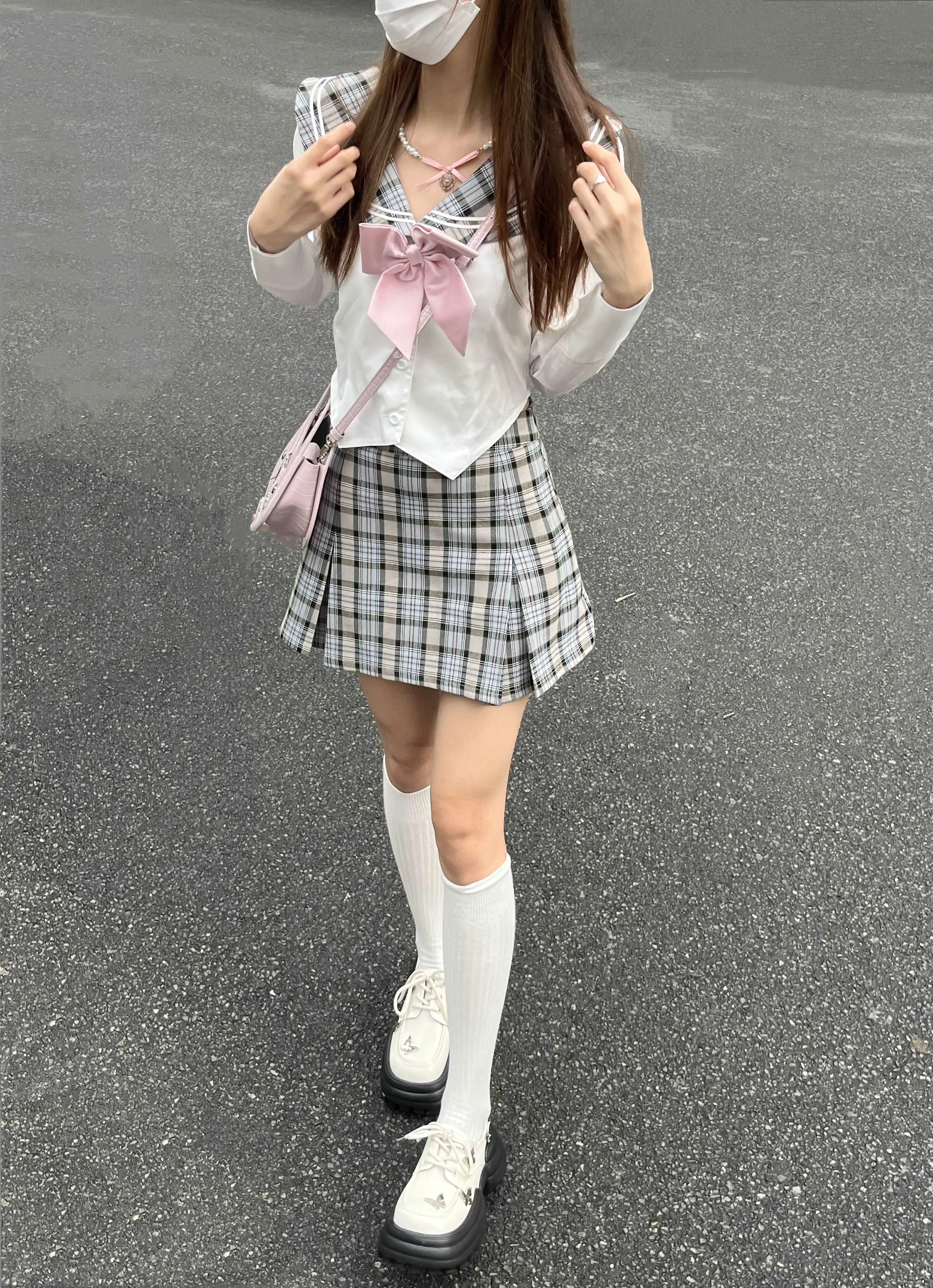 Lazy Girl Academia Sailor Collar Uniform Gray Plaid Shirt Knit Cardigan Mini Skirt Three Piece Set