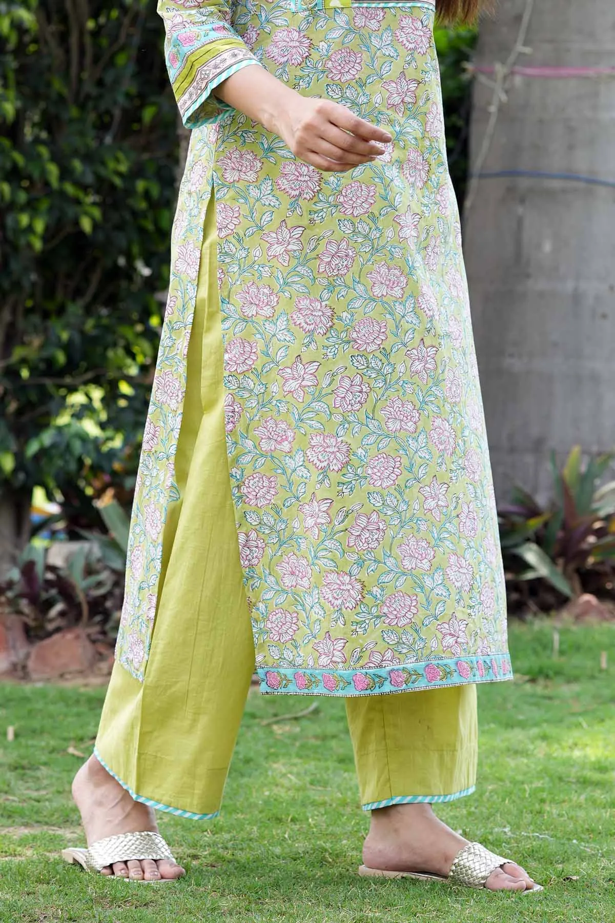 Lime Green Straight Pants In Cotton