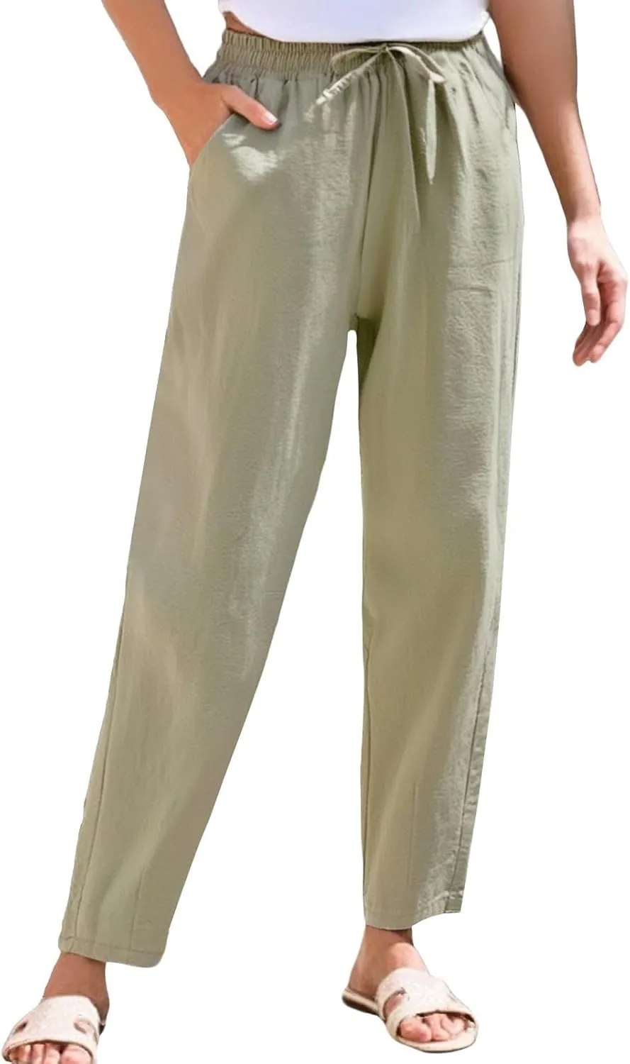 Linen Pants Women Cropped Lightweight Summer Drawstring Pant Petite Length Straight Leg Tapered Pants with Pockets