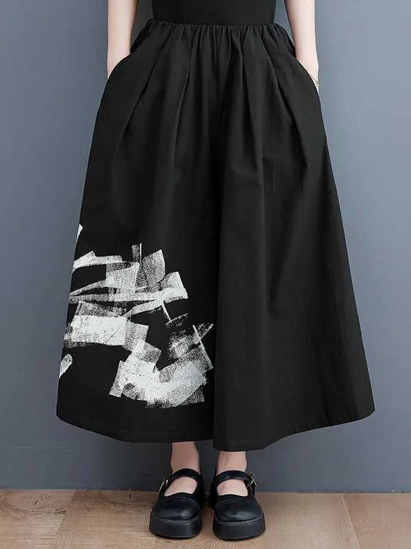 Loose Wide Leg Abstract Printed Elasticity Casual Pants Bottoms