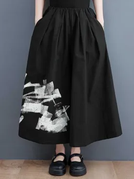 Loose Wide Leg Abstract Printed Elasticity Casual Pants Bottoms