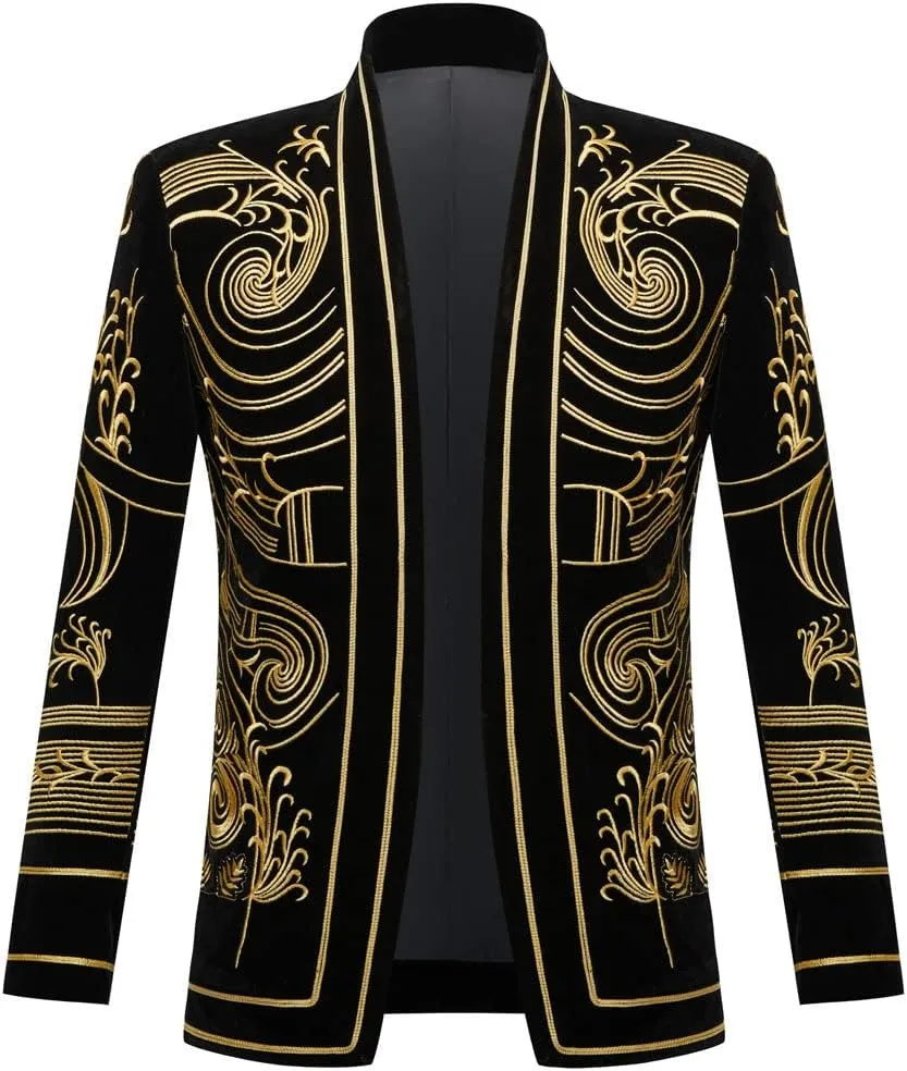 Mens Stylish Court Prince Black Velvet Gold Embroidery Blazer Suit Jacket