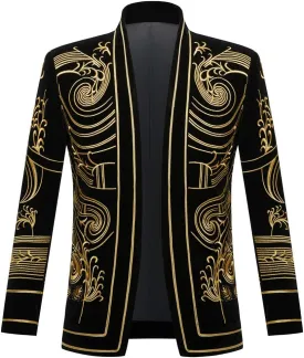 Mens Stylish Court Prince Black Velvet Gold Embroidery Blazer Suit Jacket