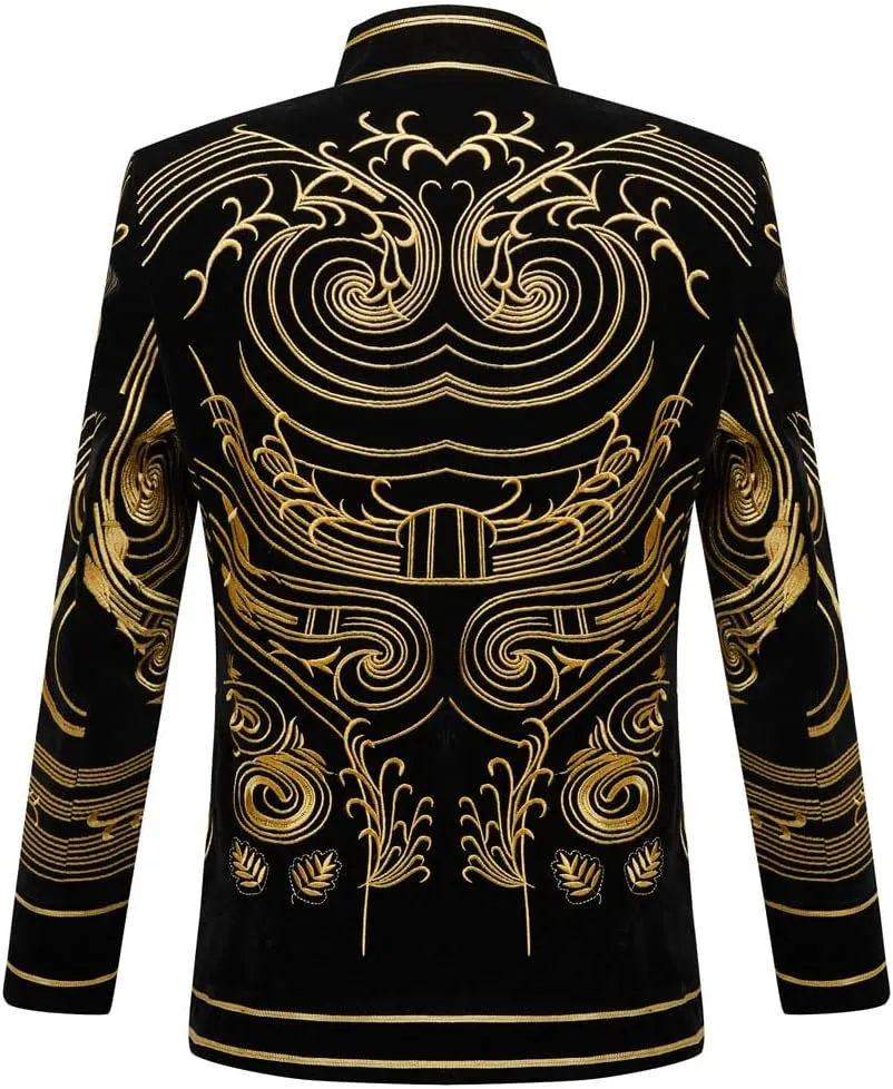 Mens Stylish Court Prince Black Velvet Gold Embroidery Blazer Suit Jacket