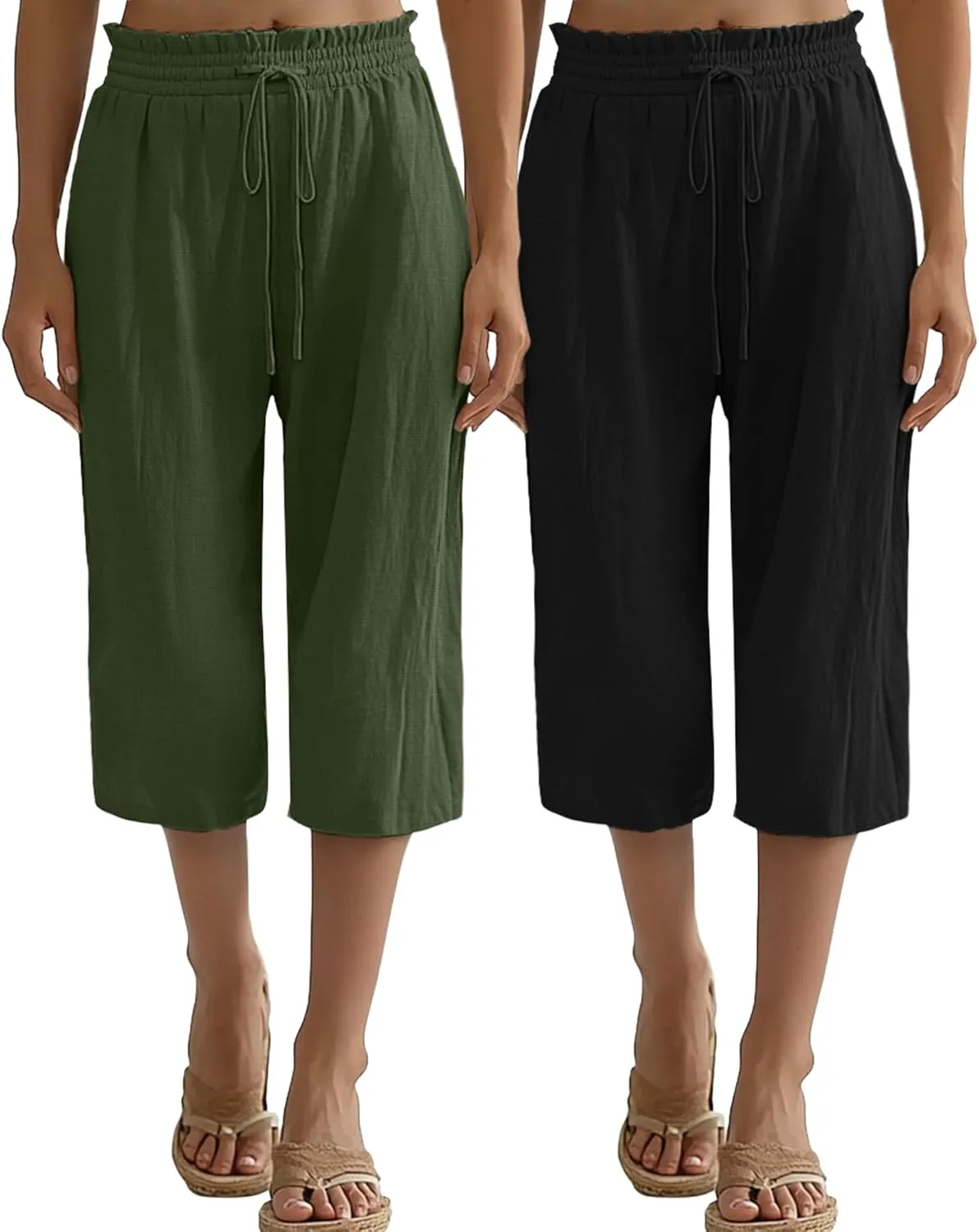 Neer 2 Pcs Women's Linen Wide Leg Capri Pants Beach High Waisted Drawstring Casual Loose Capris Pants with Pockets (Black, Army Green,XX-Large)