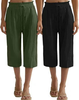 Neer 2 Pcs Women's Linen Wide Leg Capri Pants Beach High Waisted Drawstring Casual Loose Capris Pants with Pockets (Black, Army Green,XX-Large)