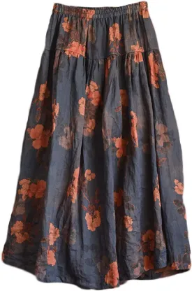 NFYM Women's Boho Floral Printed Ramie Elastic Waist Cotton Lining Long Maxi Skirt