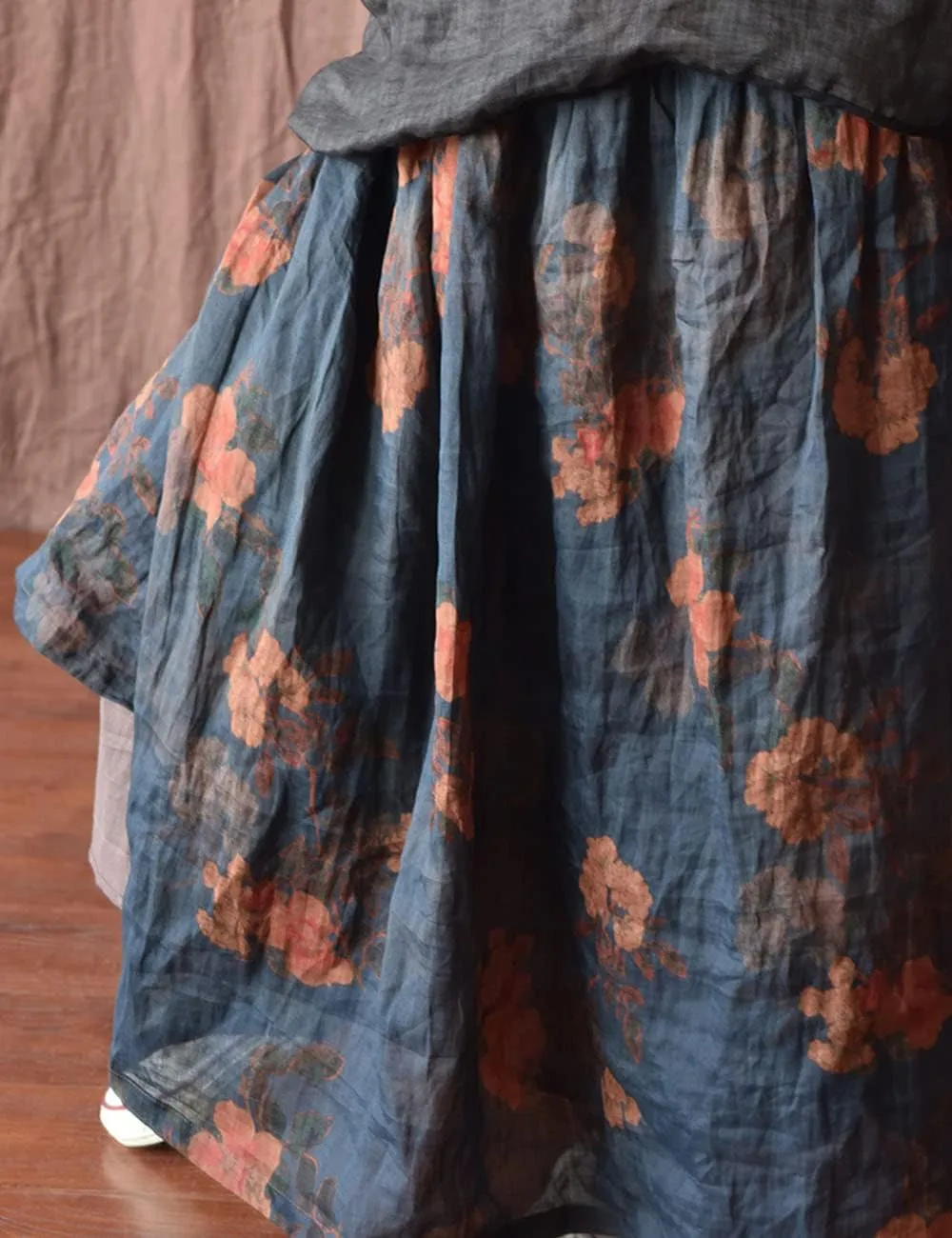 NFYM Women's Boho Floral Printed Ramie Elastic Waist Cotton Lining Long Maxi Skirt