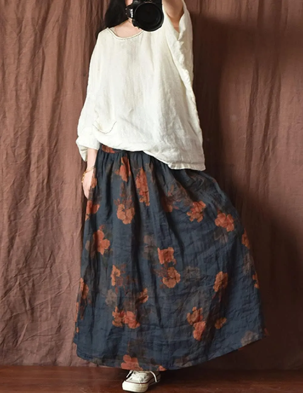 NFYM Women's Boho Floral Printed Ramie Elastic Waist Cotton Lining Long Maxi Skirt