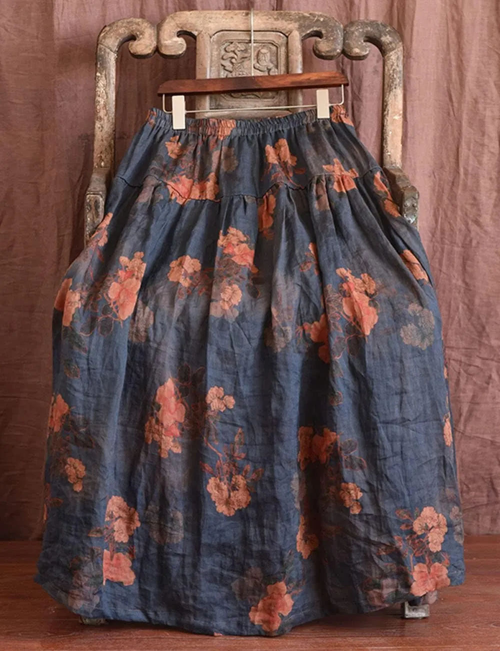 NFYM Women's Boho Floral Printed Ramie Elastic Waist Cotton Lining Long Maxi Skirt