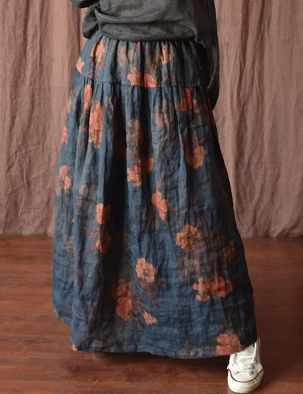 NFYM Women's Boho Floral Printed Ramie Elastic Waist Cotton Lining Long Maxi Skirt