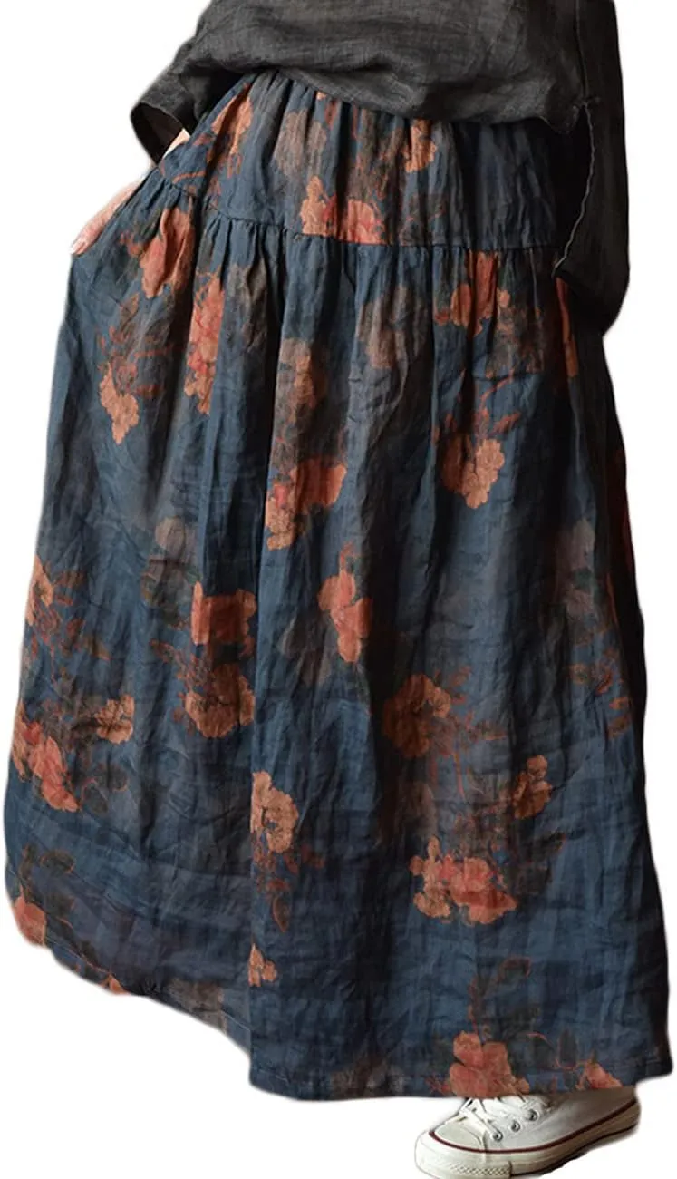 NFYM Women's Boho Floral Printed Ramie Elastic Waist Cotton Lining Long Maxi Skirt