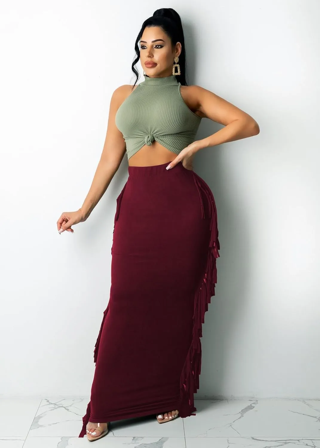 Nimsruc Women's Elastic Waist Slim Sexy Bodycon Skirts Party Club Night Out Long Pencil Maxi Skirt with Side Tassels