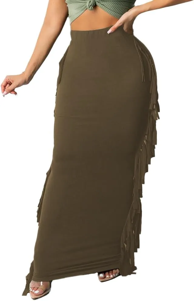 Nimsruc Women's Elastic Waist Slim Sexy Bodycon Skirts Party Club Night Out Long Pencil Maxi Skirt with Side Tassels