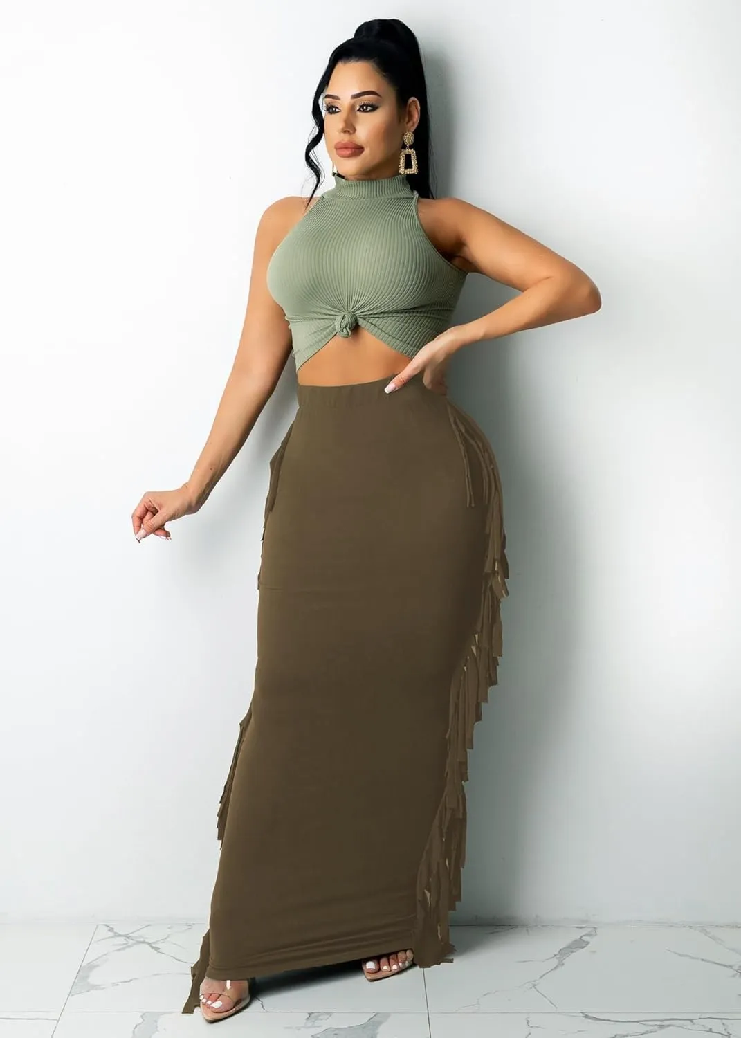 Nimsruc Women's Elastic Waist Slim Sexy Bodycon Skirts Party Club Night Out Long Pencil Maxi Skirt with Side Tassels