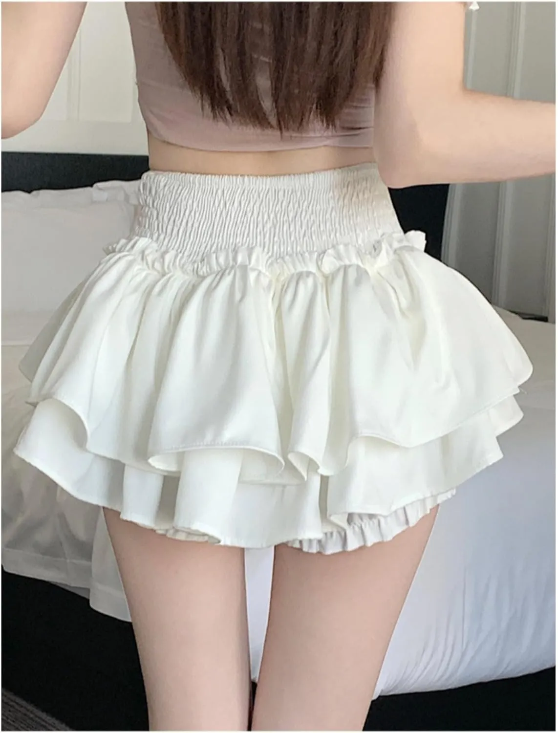 OCUH Y2K Mini Tiered Skirt Fluffy Ruffle Lace-Up Gothic Aesthetic Pleated Skirt with Shorts Underneath 2000s Cutecore Clothes