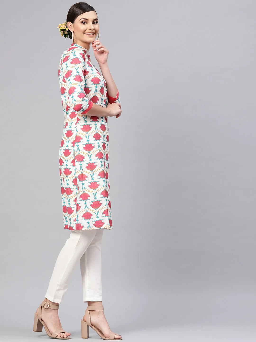 Off White Floral Straight Kurta With Off White Pants