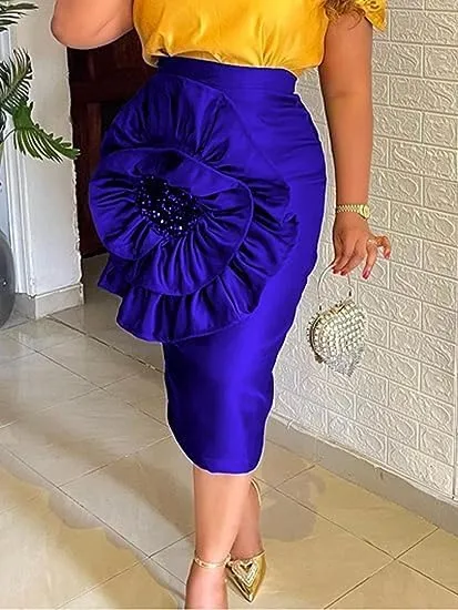 ONTINVA Stylish Women Black Bodycon Midi Skirt with Big Flower Sequins High Waist Fitted Skirts Party Club