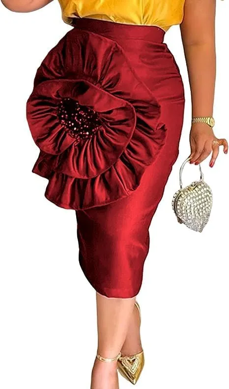 ONTINVA Stylish Women Black Bodycon Midi Skirt with Big Flower Sequins High Waist Fitted Skirts Party Club