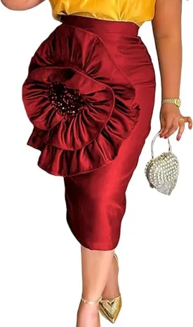 ONTINVA Stylish Women Black Bodycon Midi Skirt with Big Flower Sequins High Waist Fitted Skirts Party Club