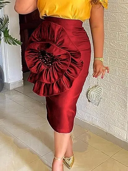 ONTINVA Stylish Women Black Bodycon Midi Skirt with Big Flower Sequins High Waist Fitted Skirts Party Club