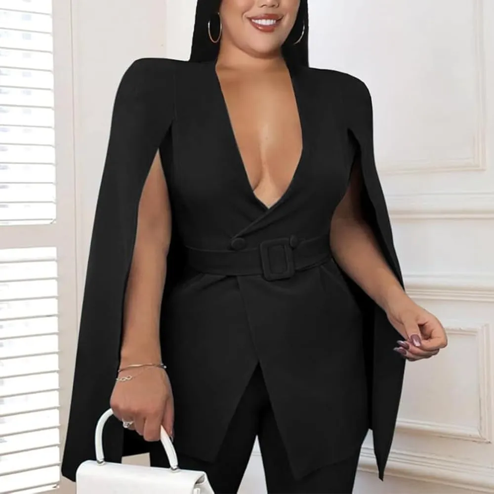 ONTINVA Womens Black Deep V-Neck Cape Blazer Split Sleeve Open Front Casual Jacket Coat Workwear Belt Waist Cloak
