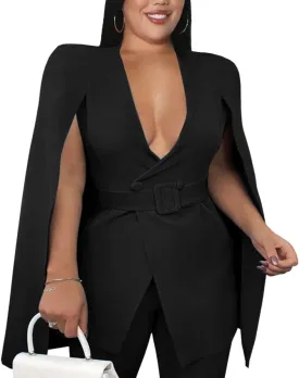 ONTINVA Womens Black Deep V-Neck Cape Blazer Split Sleeve Open Front Casual Jacket Coat Workwear Belt Waist Cloak