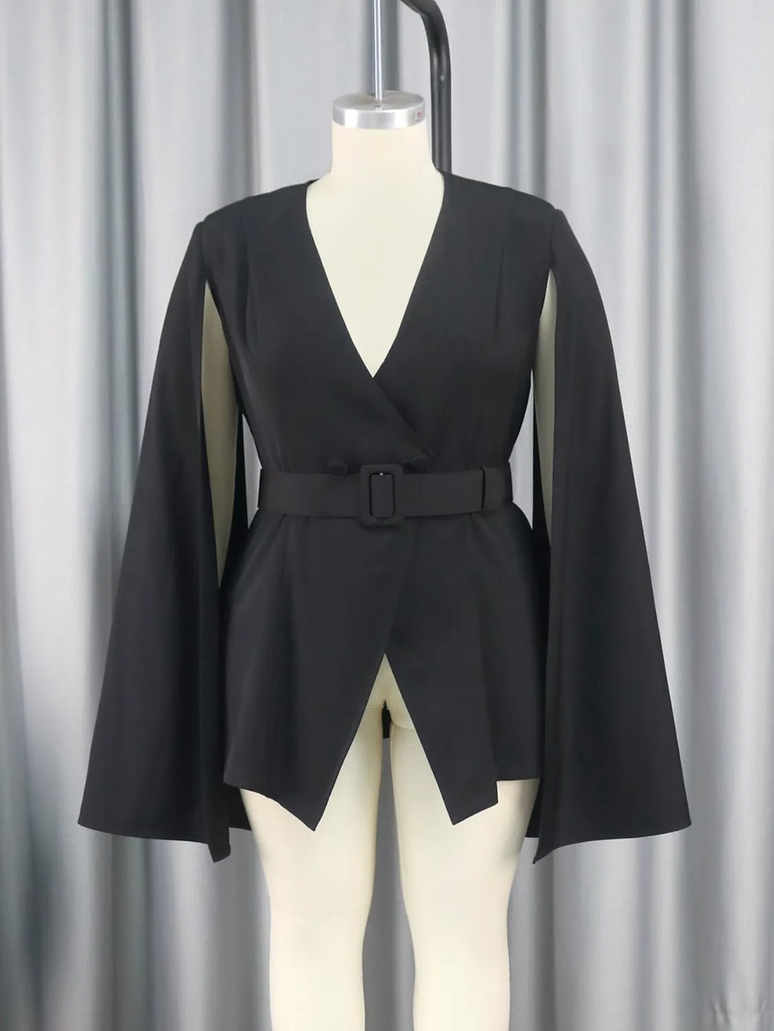 ONTINVA Womens Black Deep V-Neck Cape Blazer Split Sleeve Open Front Casual Jacket Coat Workwear Belt Waist Cloak
